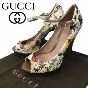 j174 GUCCI グッチ ジョジョ フローラ キャンバス レザー パンプス オープントゥ サンダル アンクルストラップ 37 イタリア製 正規品