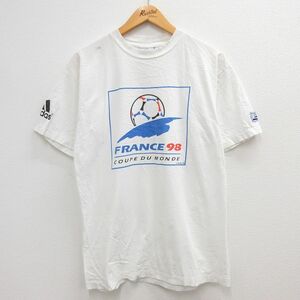 M/古着 アディダス adidas 半袖 ビンテージ Tシャツ メンズ 90s フランス ワールドカップ サッカー コットン クルーネック 白 ホワイト