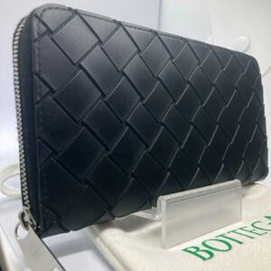 未使用級/現行●BOTTEGA VENETA ボッテガヴェネタ メンズ レディース 長財布 ラウンドファスナー マキシイントレチャート ラバー レザー 黒