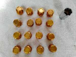 アルミ合金ナット１６個内ロックナット４個有り、１９インチ、取り付け、外しボックスナット１個、ゴールド色、ナット20g，ロックナット25g