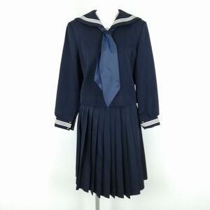 1円 セーラー服 スカート スカーフ 上下3点セット 冬物 白3本線 女子 学生服 中学 高校 紺 制服 中古 ランクC NA3655