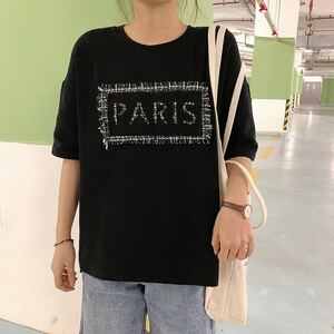 Tシャツ デザイン アシンメトリー 韓国 オルチャン シャツ トップス カットソー 半袖 黒 ブラック レディース 韓国系 原宿系