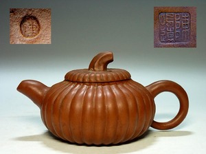 【夢たま】煎茶のウブ品！時代唐物　陳鳴遠　在銘　大振り　菊形朱泥紫砂急須　最大幅17.3㎝/中国古玩・中国煎茶・茶心壺☆