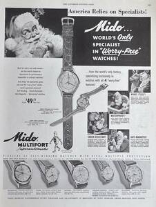 稀少・時計広告！1951年ミドー時計広告/Mido Multifort Superautomatic Watches/クリスマス/サンタ/Q