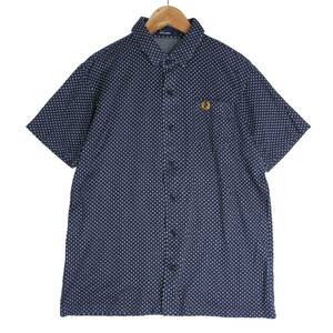 ◆美品 送料無料◆ FRED PERRY フレッドペリー ロゴ刺 ドット柄 半袖 シャツ 紺 白 ネイビー ホワイト メンズ L ◆日本製◆ 1554D0