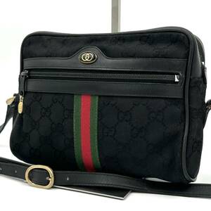 1円 希少 美品 GUCCI オールドグッチ ショルダーバッグ シェリーライン インターロッキング GG キャンバス レザー 革 斜め掛け ブラック 黒