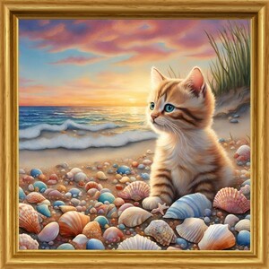 猫 ねこ　海　貝殻　夕焼け　イラスト　絵　絵画　インテリア　子猫 Ｌ版サイズプリント ハンドメイド　NO23