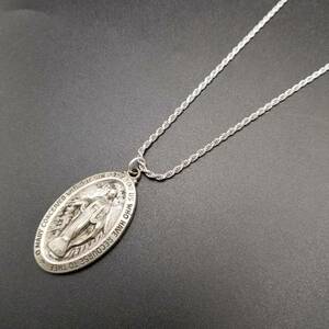 Miraculous Medal 不思議のメダイ 925 シルバー ヴィンテージペンダント 銀 聖母マリア宗教チャーム イタリア製チェーンネックレス Y11-H