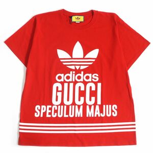 未使用品□22SS GUCCI×adidas グッチ アディダス 616036 トレフォイル ロゴプリント 半袖Tシャツ/カットソー レッド L イタリア製 正規品