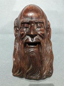#4818 木彫 工芸 一刀彫 寿老人 壁掛け 顔 縁起物 インテリア オブジェ 置物