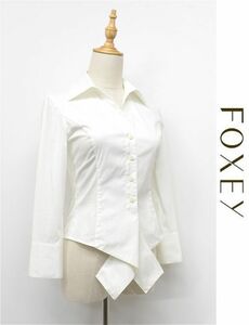 K369/美品 FOXEY 長袖ドレスシャツ ブラウス オープンカラー ストレッチ 38 S～M 白