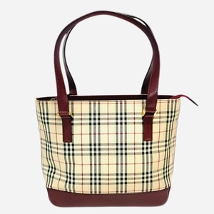 美品 BURBERRY バーバリー ノバチェック トートバッグ ハンドバッグ キャンバス×レザー レディース 赤