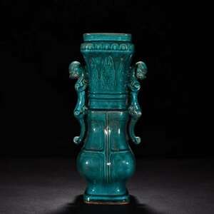 柴窯 藍釉 双耳方瓶 柴款 唐物 陶磁器 中国美術 工芸品 HB832