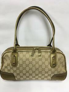 1円 グッチ GUCCI ミニボストン ハンドバッグ 161720 GGキャンバス リボン ゴールド 中古