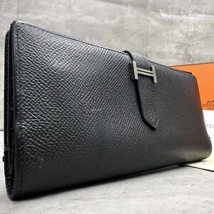 1円■マチ有り■ 定価38万円 エルメス HERMES ベアンスフレ ヴォーエプソン 長財布 H金具 sv金具 メンズ レディース レザー 黒 ブラック