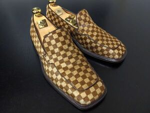 美品 ヴィトン 7.5 LOUIS VUITTON ♯ST0979 ハラコレザー ダミエ ドレススリッポン 8554