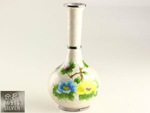 AG999SILVER刻印　純銀製　銀七宝　花紋　花瓶　共箱　重さ264.5ｇ　E0605