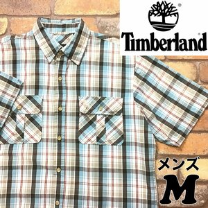 ME2-158★USA規格★良品★【Timberland ティンバーランド】2ポケット チェック 半袖 ワークシャツ【メンズ M】水色 グレー 古着 ワーク