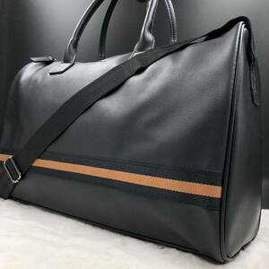 【超稀少/美品】Ermenegildo Zegna エルメネジルドゼニア メンズ ボストンバッグ ショルダー 2way レザー ブラック 旅行 大容量 ストライプ