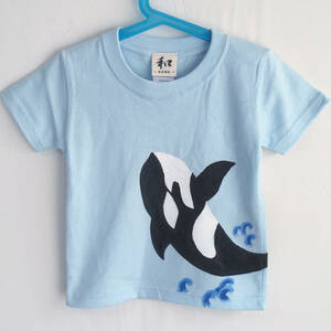 キッズ Tシャツ 100サイズ ブルー シャチTシャツ 手描きで描いたシャチのTシャツ 半袖 動物 子供服 ハンドメイド