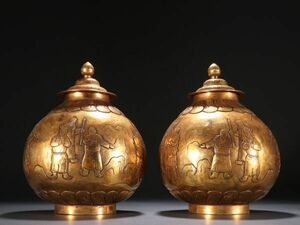 【瓏】古銅鏨刻彫 塗金人物故事蓋罐一対 遼金時期 古置物擺件 銅器 中国古賞物 蔵出