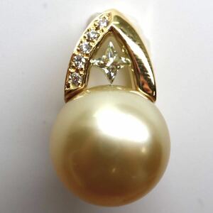 《K18南洋ゴールデンパール/天然ダイヤモンドペンダントトップ》A 約10.6mm珠 約3.5g 0.12ct 0.13ct pearl 白蝶 diamond necklace EB1/EB1
