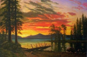 特価油絵 アルバート・ビアスタッドの名作「川岸の日没」 MA503
