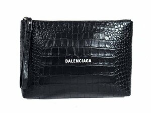 ◆超美品◆BALENCIAGA バレンシアガ*本革/クロコ型押し*CASH GUSSET*クラッチバッグ*ロゴ入り*メンズ*セカンドバッグ*黒*イタリア製