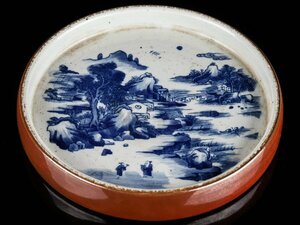 【流】中国美術 染付山水図水盤 幅22cm TR843