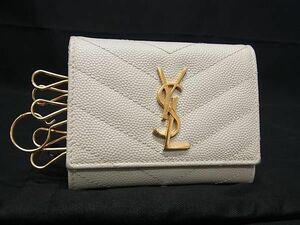 1円 ■美品■ YVESSAINTLAURENT イヴサンローラン カサンドラ Vステッチ レザー 6連 キーケース 鍵入れ レディース アイボリー系 FA5800