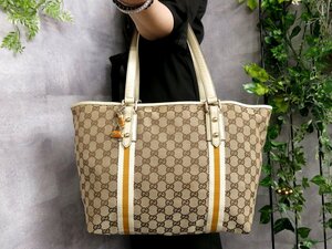 ●超美品●GUCCI グッチ●シェリー●チャーム●GGキャンバス カーフ レザー 本革●トート バッグ●ベージュ イエロー●G金具●A4●Js46358