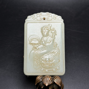  ▽鴻▽清・和田玉彫・文殊仏像玉牌 時代物 中国古美術 骨董品