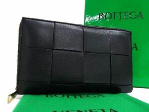 1円 ■美品■ BOTTEGA VENETA ボッテガヴェネタ マキシイントレチャート レザー ラウンドファスナー 長財布 ウォレット ブラック系 FA3549