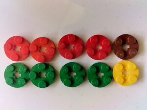 LEGO レゴ　プレート　2×2 丸　十字軸　4色　赤、緑、茶色、黄色　　10個セット　パーツ