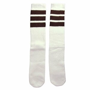 SkaterSocks ロングソックス 靴下 男女兼用 ソックス Knee high White tube socks with Dark Brown stripes style 1 (22インチ)