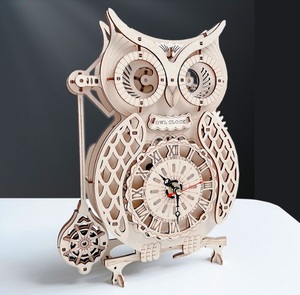 【56】木製フクロウ振り子時計　３Ｄパズル　組み立て式　置き時計