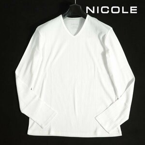 新品1円～★ニコル セレクション NICOLE selection メンズ コットン綿 長袖 Vネック リブストライプカットソー 50 LL 白 本物◆3168◆