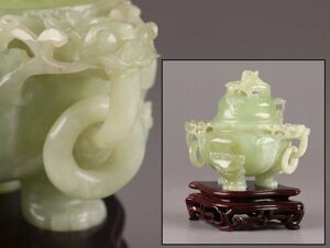 中国古玩 唐物 緑砡石 翡翠 置物 遊環 香炉 時代物 極上品 初だし品 C5780