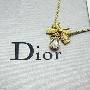 未使用級 クリスチャンディオール Christian Dior ネックレス アクセサリー リボン カラーストーン クリスタル ラインストーン ゴールド 金