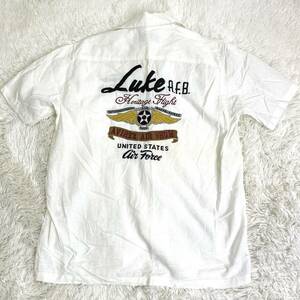 516良品 Lサイズ 麻55% アヴィレックス AVIREX 半袖 開襟シャツ オープンカラーシャツ Luke A.F.B AIR SHOW オフホワイト リネン