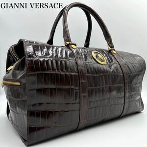 美品 大容量 GIANNI VERSACE ヴェルサーチ メンズ ボストンバッグ クロコダイル 型押し 太陽神 ゴールド金具 旅行鞄 トラベル ブラウン 茶