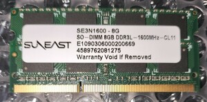 【SUNEAST】 DDR3L PC3L-1600MHz-CL11 8GB 動作確認済ノートPC用メモリー