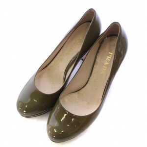 プラダ PRADA パンプス ラウンドトゥ チャンキー ハイヒール エナメル パテントレザー 35.5 22.5cm カーキ /KW ■GY17 レディース