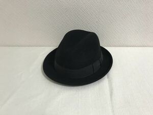 美品本物カシラCA4LAウール中折れハット帽子黒ブラックメンズスーツビジネスアメリカ製USA60cm