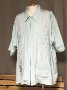 アロハシャツ5L〜6L HABAND GUAYABERA ジップアップ　ビックシルエット　前ポケット　パステルカラー　刺繍　半袖　涼しい　ミント　ビック