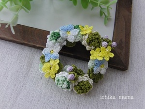 ★ハンドメイド★レース編み＊春のお花＊シロツメクサ＊クローバー＊お花のリースブローチ＊コサージュ