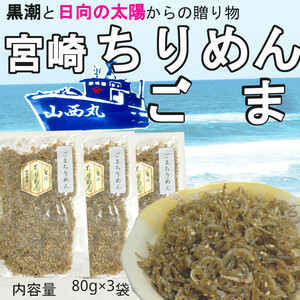 宮崎ちりめん ごま 80g×3袋　無添加・無着色 カルシュームがタップリ ゴマを増加した佃煮 おにぎりの具 ご飯のお供 送料無料　