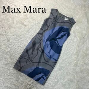 Max Mara マックスマーラ ワンピース ノースリーブ 柄 ブルーグレー系 サイズ36 ひざ丈