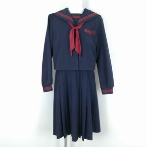 1円 セーラー服 ジャンパースカート スカーフ 上下3点セット 指定 冬物 赤3本線 女子 学生服 中学 高校 紺 制服 中古 ランクC NA1612