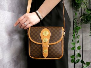 ●超美品●CELINE セリーヌ●マカダム●サークルロゴ●フラップ●PVC カーフ レザー 本革●ショルダー バッグ●ブラウン系●G金具●Js45871